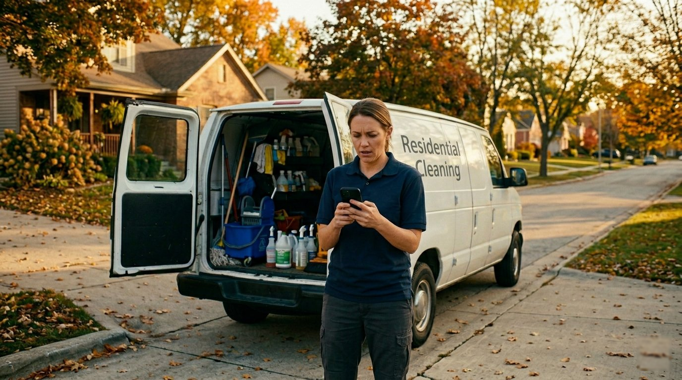 Home service professional checking phone by work van at golden hour